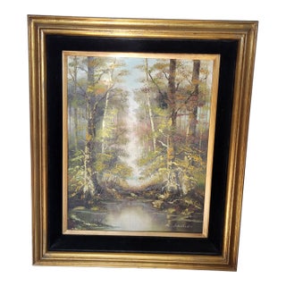 1970s R. Amutris Mid Century Modern Original Oil Painting Artist Signed River Forest Trees For Sale