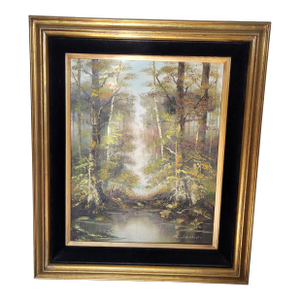 1970s R. Amutris Mid Century Modern Original Oil Painting Artist Signed River Forest Trees