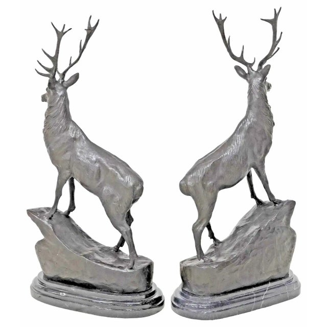 Patinated, Large, After Jules Moigniez, Marble Base, Bronze Stag Sculptures, Set of 2!! For Sale - Image 10 of 10