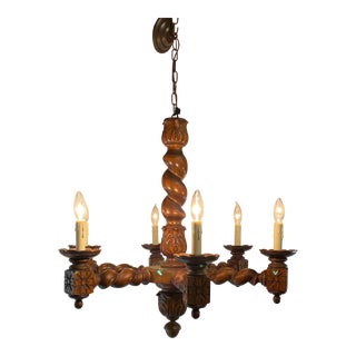 Vintage English Barley Twist Wooden Six Light Chandelier For Sale