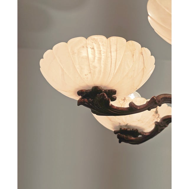 Art Deco Bronze Chandelier with Six Alabaster Lampshades, Made in Italy in the 1950s/1960s. For Sale - Image 13 of 18