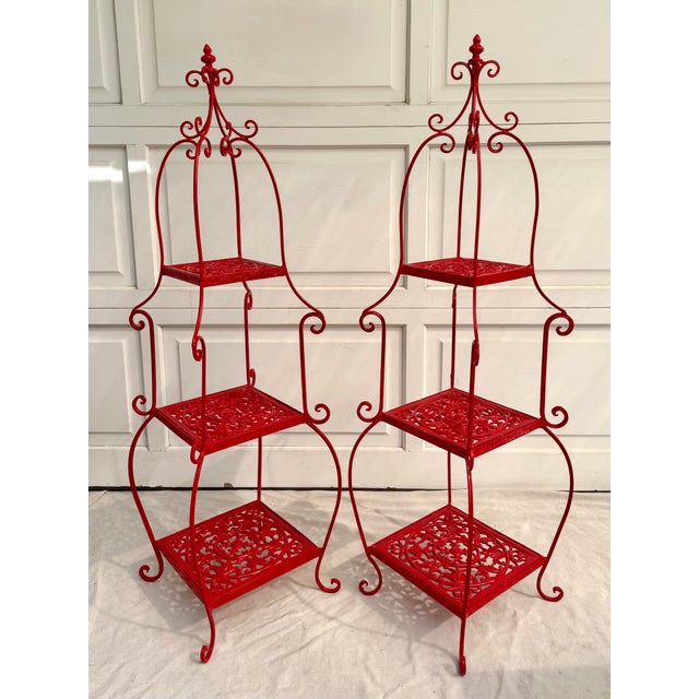 Pair of Chinoiserie Pagoda Form Metal Étagères in Gloss Red For Sale - Image 10 of 11