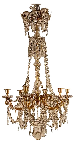 French Napoleonic Beaded 6 Light Candle Chandelier in Mercury Bronze & Baccarat Crystal