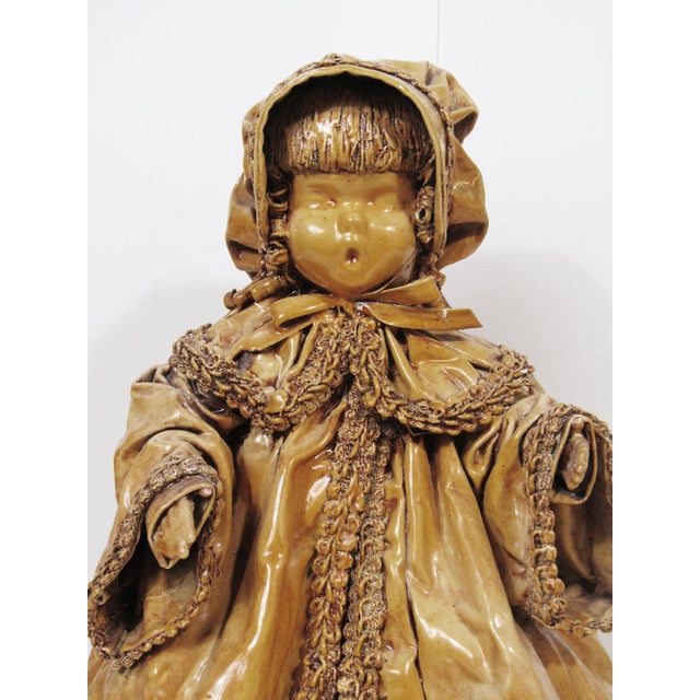 Antique Wax-Over Papier-Mâché Bonnet Doll Figure With Ceramic Face, 11” For Sale - Image 4 of 12