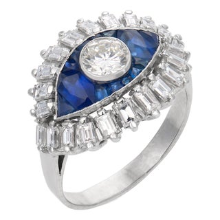 Vintage Diamond Sapphire Platinum Ring, Size 7 For Sale