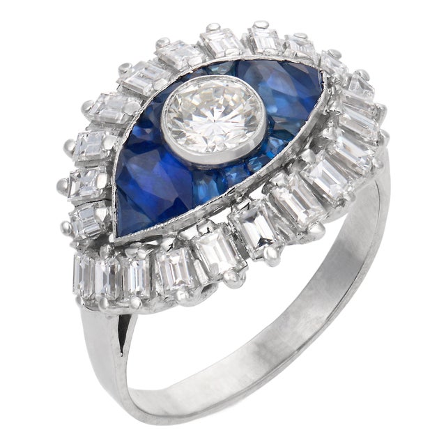 Vintage Diamond Sapphire Platinum Ring, Size 7 For Sale