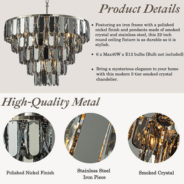 Contemporary Aloadecor 6-Light Dimmable 5-Tier Smoked Crystal Chandelier 22" Modern Pendant Light Fixture With Polished Nickel Finish and Stainless Steel Accents For Sale - Image 3 of 6