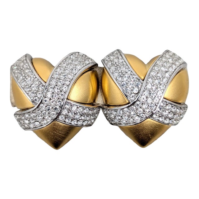 Vintage 1980s Signed Givenchy Goldtone Pavé Clear Rhinestone X Heart Clip Earrings-2 Pieces For Sale