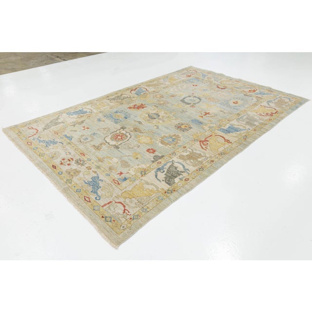 Contemporary Sultanabad Wool Rug - Transitional All-Over Floral Sage Green & Blue For Sale - Image 4 of 10