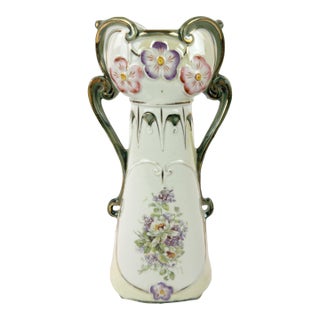 Art Nouveau Porcelain Floral Vase With Gilded Handles, C. 1900 For Sale
