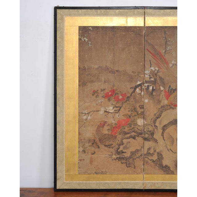 Japanese 18th C. Japanese Edo Two-Panel Screen Pheasants Floral Landscape For Sale - Image 3 of 18