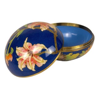 Vintage Chinese Cloisonne Blue Enamel Floral Round Storage Box For Sale