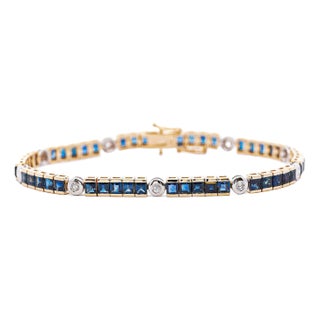 7.38 Carat Sapphire & Diamond Square & Round Link 18k Channel Tennis Bracelet For Sale