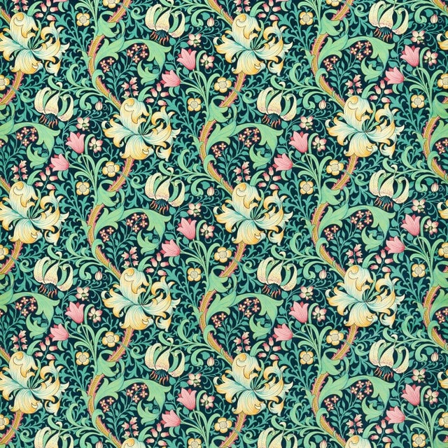 Morris & Co Golden Lily Fabric in Galactic Ink For Sale
