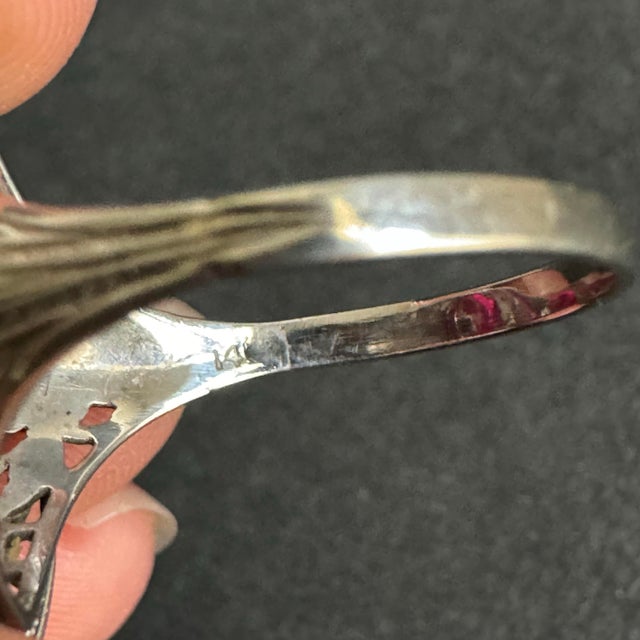 Art Deco 14k White Gold Cocktail Ring Marquis Lab Ruby Filigree Setting Vintage Size 8 For Sale - Image 10 of 12