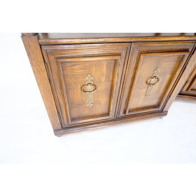 Brown Pair of Solid Oak Spanish Colonial Etageres Shelves w/ Storage Cabinets & Finial For Sale - Image 8 of 17