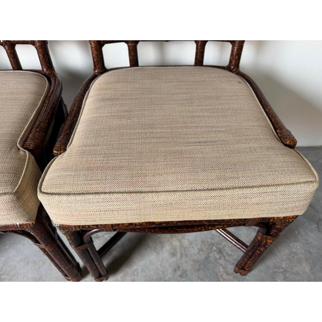 1980s Set of Four Vintage Faux Tortoiseshell Chinoiserie Rattan and Leather Dining Chairs by Ficks Reed For Sale - Image 5 of 12