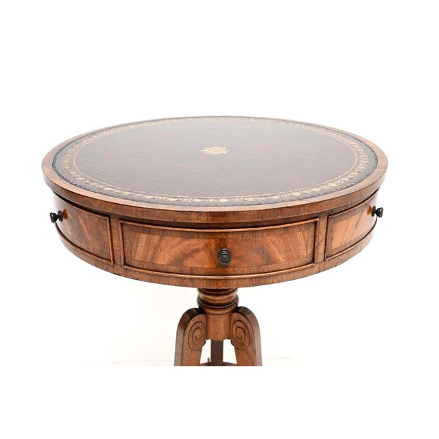 Wood Antique Regency Leather Top Drum Table, 1900s For Sale - Image 7 of 11