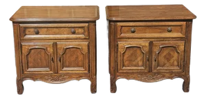 Drexel Mid-Century French Provincial Style Oak Bedside Tables, Pair