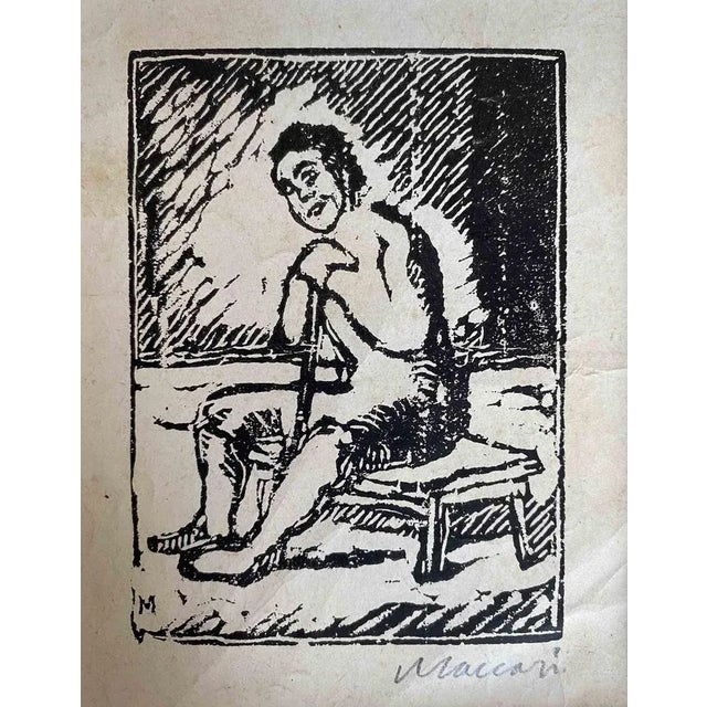 Modern Mino Maccari, Waiting Man, Woodcut, 1926 For Sale - Image 3 of 3