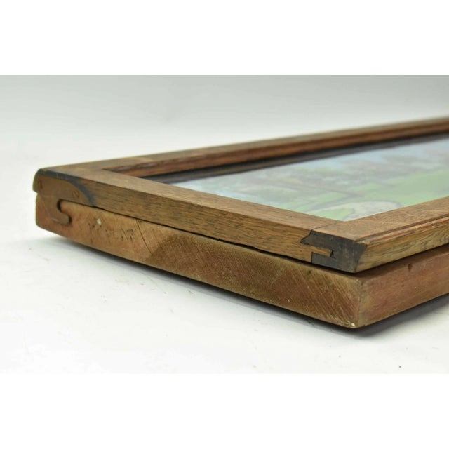 Green Vintage Cartoon Oil Painting on Wood Boy Swinging in City Park Illustration Art For Sale - Image 8 of 9