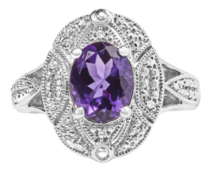 Hause of Brilliance Sterling Silver Oval Purple Amethyst and Round Diamond Accent Fashion Cocktail Ring (I-J Color, I1-I2 Clarity), Size 6