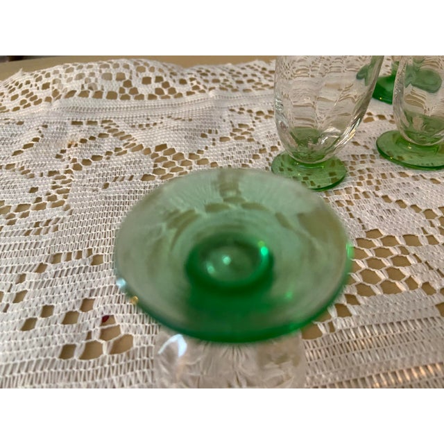 1940s Vintage Art Deco Uranium Glass Aperitif Glasses With Emerald Green Bases - Set of 10 For Sale - Image 5 of 6