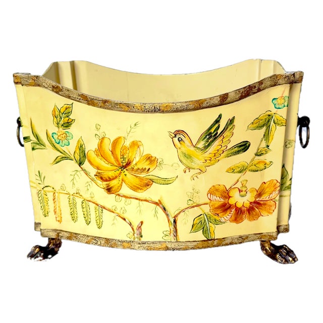 Metal Vintage Hand-Painted Bird & Floral Tole Cachepot For Sale - Image 7 of 14