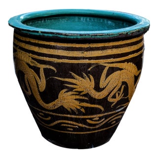 Signed Glazed Dragon Motif Turquoise Brown & Ochre Egg Pot Terra Cotta Planter For Sale