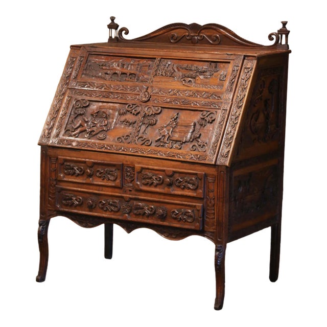19th Century French Louis XV Carved Oak Secrétaire With Figural Scenes For Sale