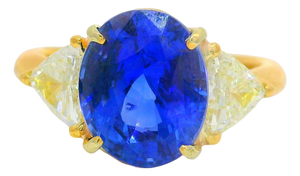 5.05 Carat Ceylon Blue Sapphire Diamond 18k Gold 3-Stone Ring, Gia Certified, Size 6.25