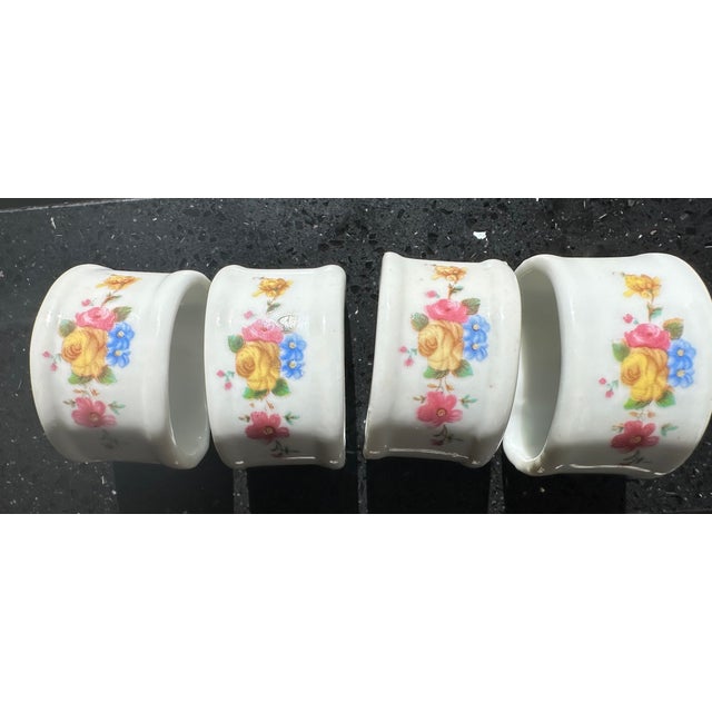 Shabby Chic 1960s Porcelain Hand Painted Flotal Napkin Rings Set of 4 For Sale - Image 3 of 4