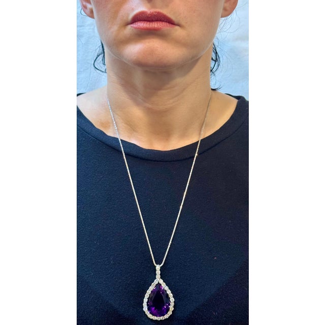65 Carat Amethyst & 8.5 ct Diamond Pendant Necklace 14 Karat White Gold + Chain For Sale - Image 11 of 18