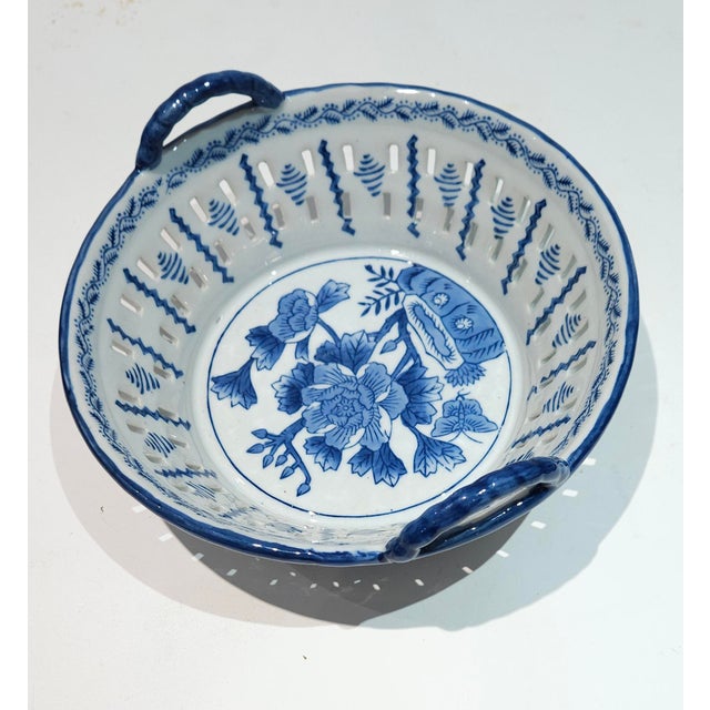 Vintage Blue and White Ironstone Waxed Basket For Sale - Image 9 of 11