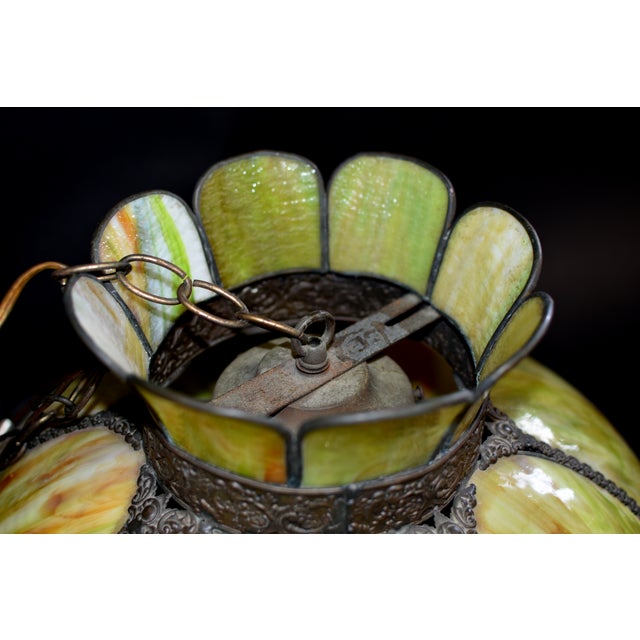 Antique Avocado Ceiling Light Shade With Slag Glass and Bronze Bands For Sale - Image 17 of 18