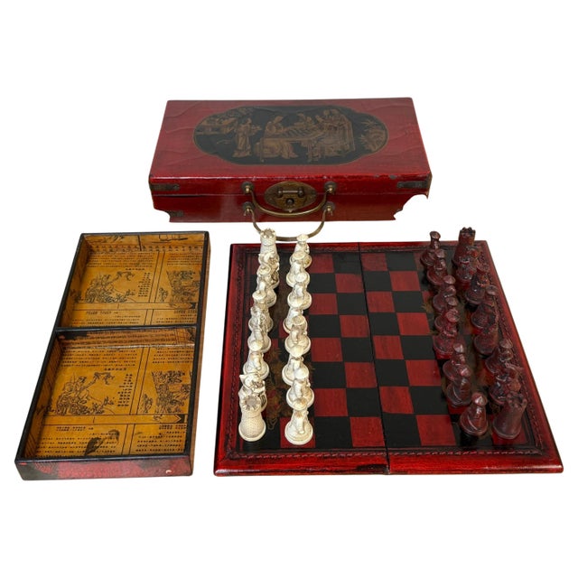Exceptional Chinese Lacquered Campaign Travel Chess Set with Dragon & Phoenix Board and Court Figures China's 20th Century...