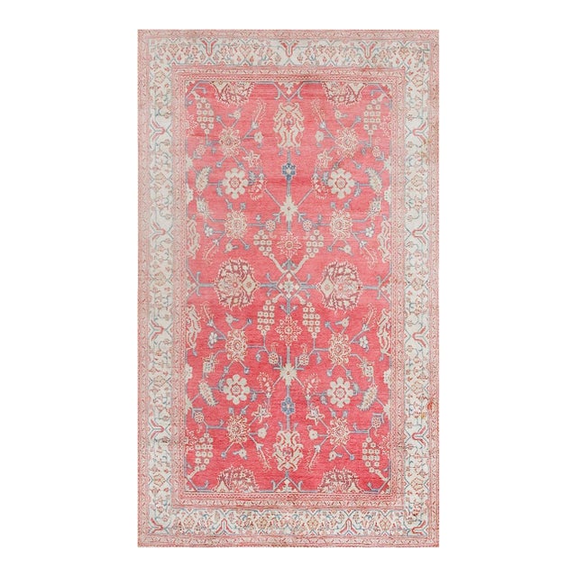 1900s Pink Raspebery Geometric Antique Indian Agra Rug 4'6" X 7'9" Handknotted Cotton Carpet For Sale