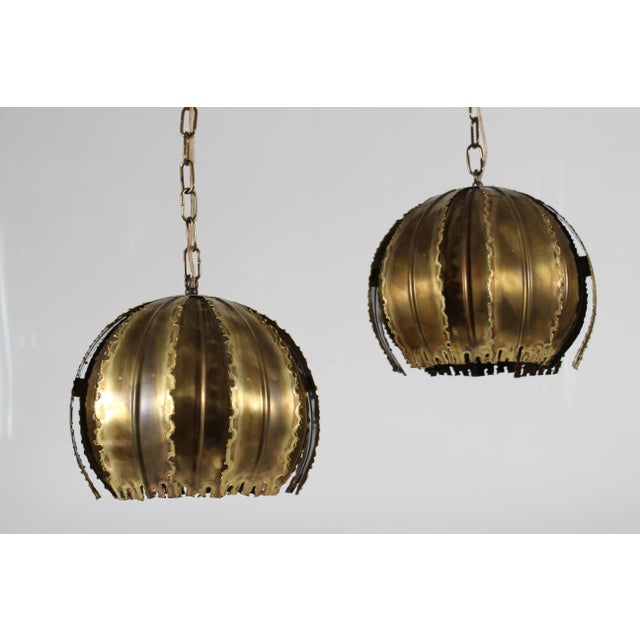 Danish Svend Aage Holm Sørensen pair of "Poppy" brutalist style brass pendants by Holm-Sørensen and Pedersen belysning Aps...