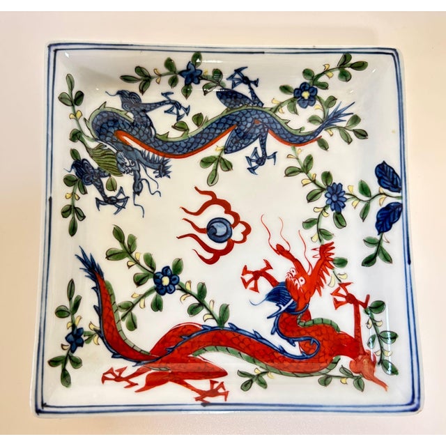 Chinese Vintage Chinese Porcelain Wucai Blue and Red Dragons Dish Catchall For Sale - Image 3 of 14
