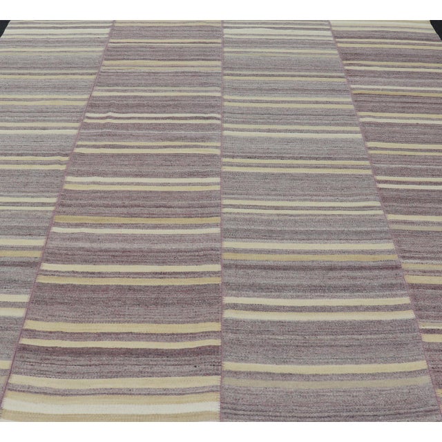 Elegant Vintage Turkish Kilim Rug With Mauve and Yellow Stripes 9'6 X 11'0 For Sale - Image 4 of 10