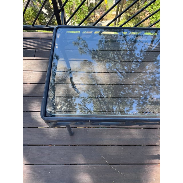 A vintage American indoor/outdoor glass top console table with branching tree limb motif, like the ones seen in last...