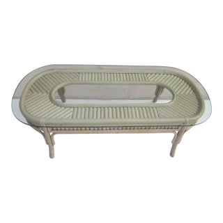 1970s Wash Wood Bamboo Coffee Table Glass Top For Sale