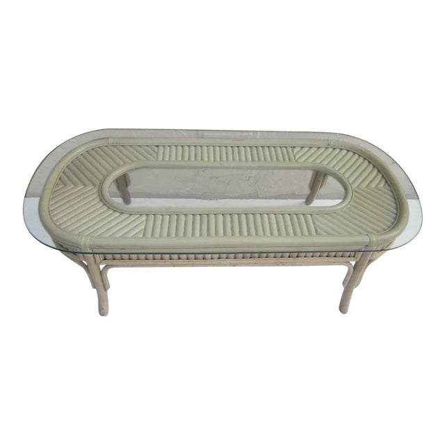 1970s Wash Wood Bamboo Coffee Table Glass Top For Sale