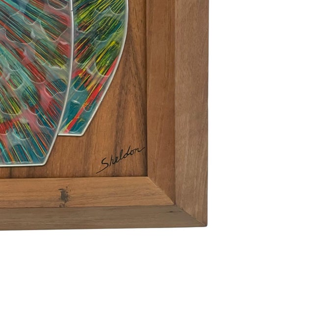1970s Vintage Mid-Century Modern Abstract Mixed Media Wall Art by Sheldon in Walnut Toned Frame. For Sale - Image 5 of 10