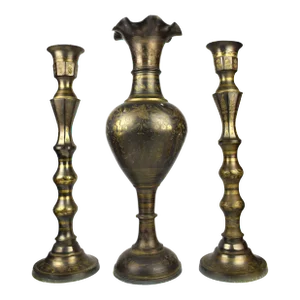Mid Century Modern Tall Solid Brass Hand Engraved Etched Vase and 2 Candle Holders Set - 3 Pieces