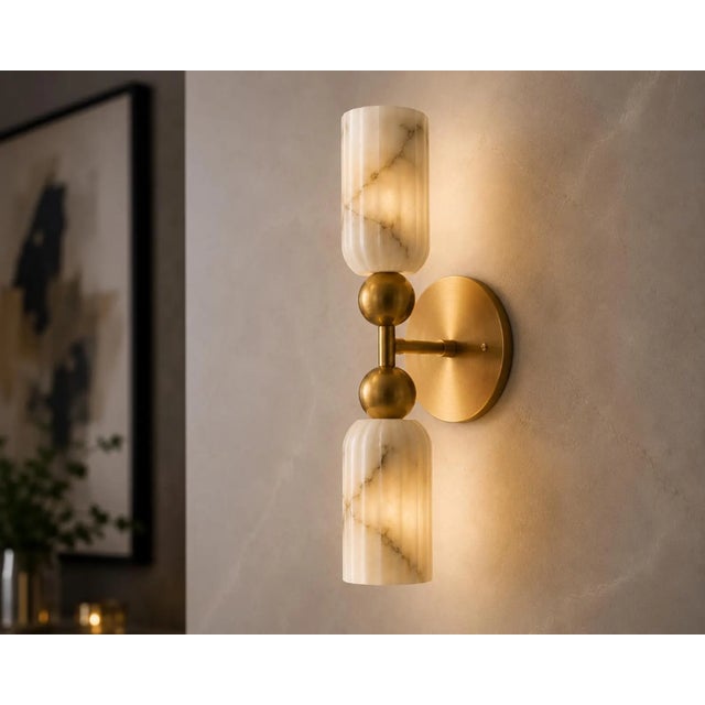 Luxury Alabaster Wall Sconce Set of 2, Handcrafted Solid Brass Double Cylinder Wall Sconce, Italian Marble Wall Lamp, Brass Double Light Fixture For Sale - Image 6 of 10