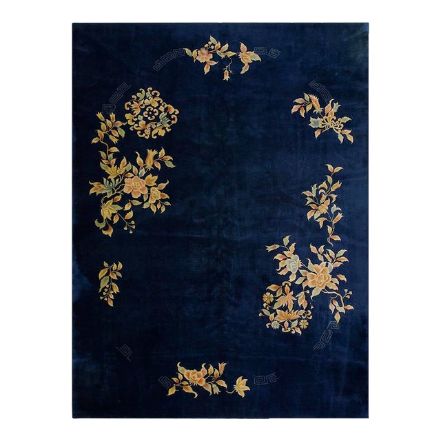 1930s Blue Navy Floral Modern Antique Chinese Art Deco Carpet 8'10" X 11'8" Handknotted Wool Rug For Sale