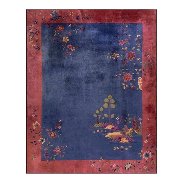 Blue Open Field Antique 1920s Walter Nichols Wool Chinese Art Deco Carpet Rug For Sale