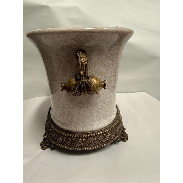 Chinoiserie Vintage Hollywood Regency Crackle Cachepot With Pomegranate Handles For Sale - Image 3 of 12