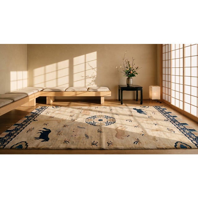Beige 1930s Hand Knotted Pile Geometric Medallion Rectangle Wool Antique Rug For Sale - Image 11 of 11